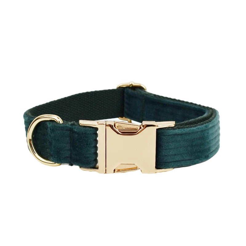 Petspuff Personalised Forest Green Corduroy Dog Collar & Lead Set – Engraved Name Tag, Bow & Harness - Petspuff