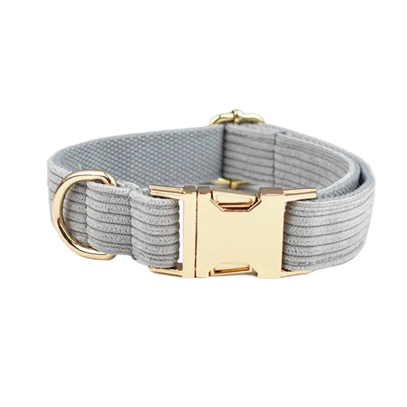 Petspuff Personalised Light Grey Corduroy Dog Collar & Lead Set – Engraved Name Tag, Bow & Harness