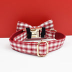 Petspuff Personalised Red Plaid Dog Collar, Harness & Lead Set – Engraved Name Tag & Bow | Style 28
