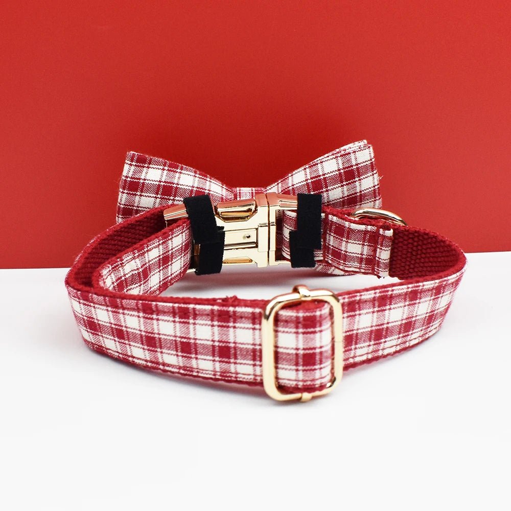 Petspuff Personalised Red Plaid Dog Collar, Harness & Lead Set – Engraved Name Tag & Bow | Style 28