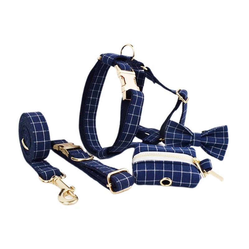 Petspuff Personalised Navy Check Dog Collar & Lead Set – Engraved Name Tag, Bow & Harness