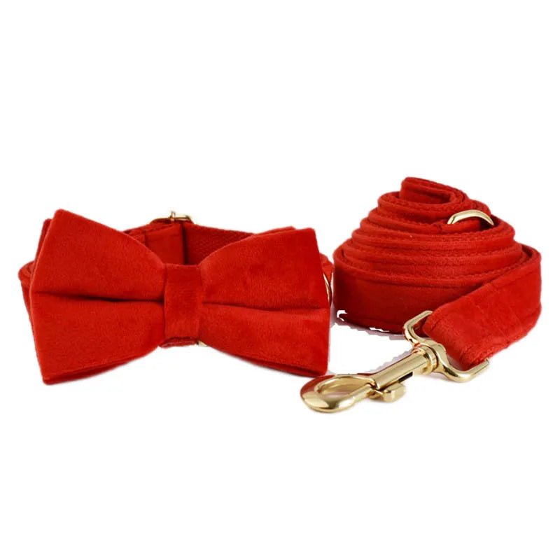Petspuff Personalised Red Velvet Dog Collar & Lead Set – Engraved Name Tag, Bow & Harness - Petspuff