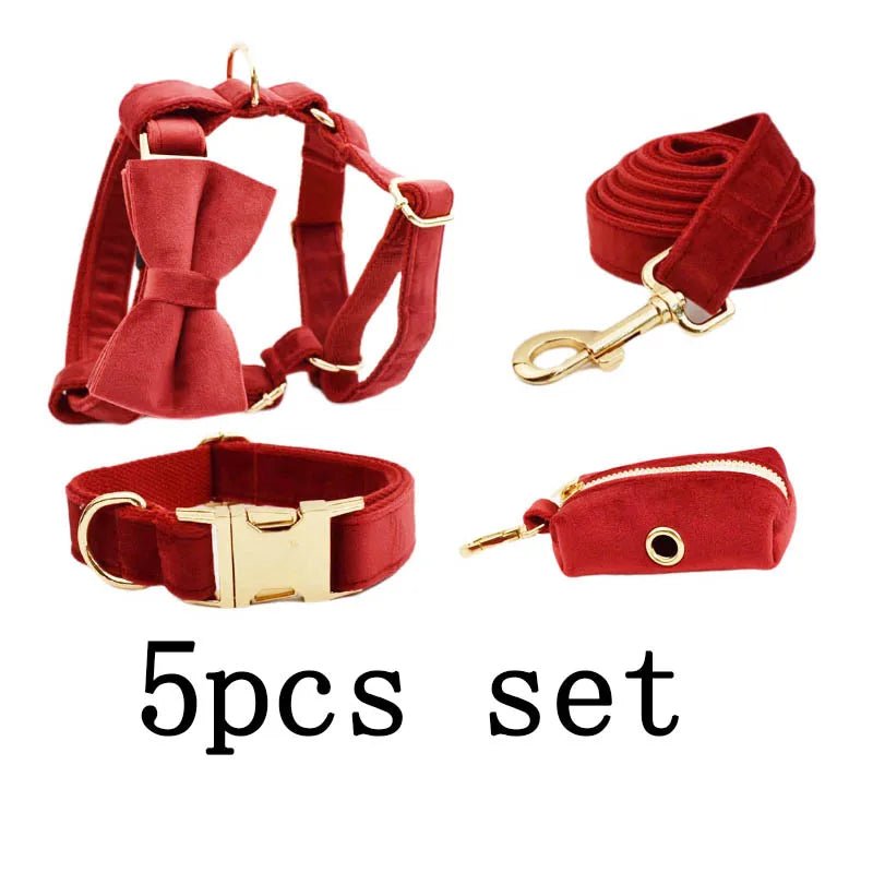 Petspuff Personalised Cherry Red Velvet Dog Collar & Lead Set – Engraved Name Tag, Bow & Harness - Petspuff