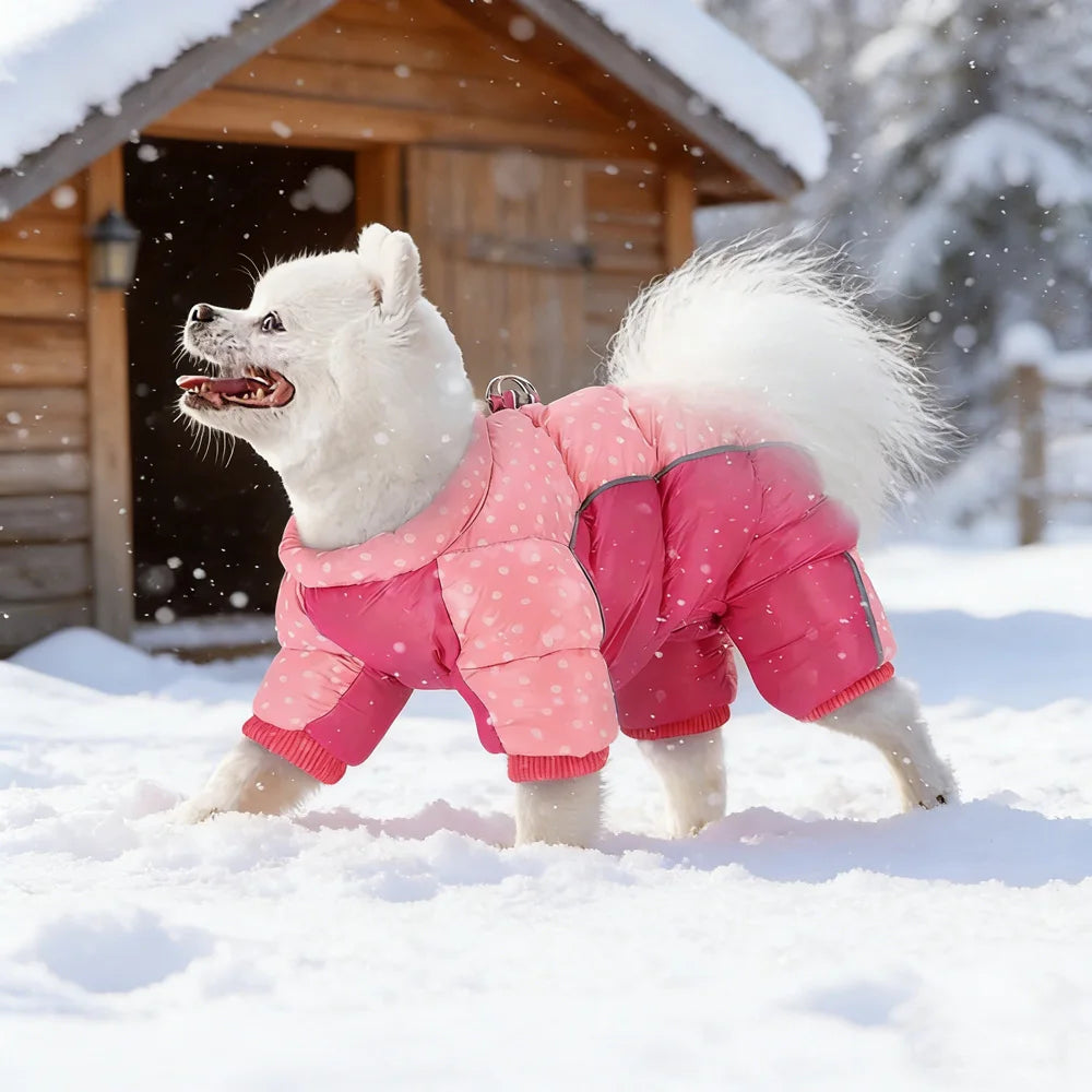 Petspuff Polka Dot Fleece Dog Jumpsuit – Windproof Zip Coat with D-Ring | Small Dogs