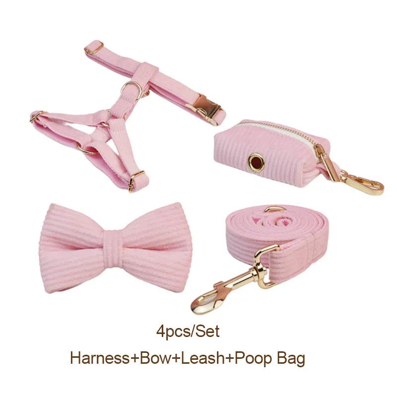 Petspuff Personalised Pink Corduroy Dog Collar & Lead Set – Engraved Name Tag, Bow & Harness