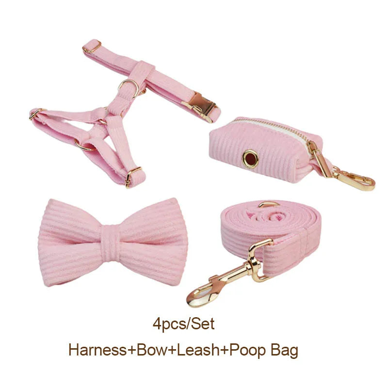 Petspuff Personalised Pink Corduroy Dog Collar & Lead Set – Engraved Name Tag, Bow & Harness