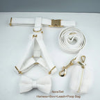 Petspuff Personalised White Corduroy Dog Collar & Lead Set – Engraved Name Tag, Bow & Harness