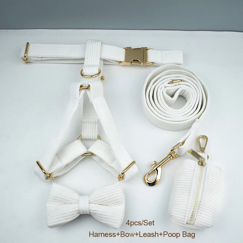 Petspuff Personalised White Corduroy Dog Collar & Lead Set – Engraved Name Tag, Bow & Harness