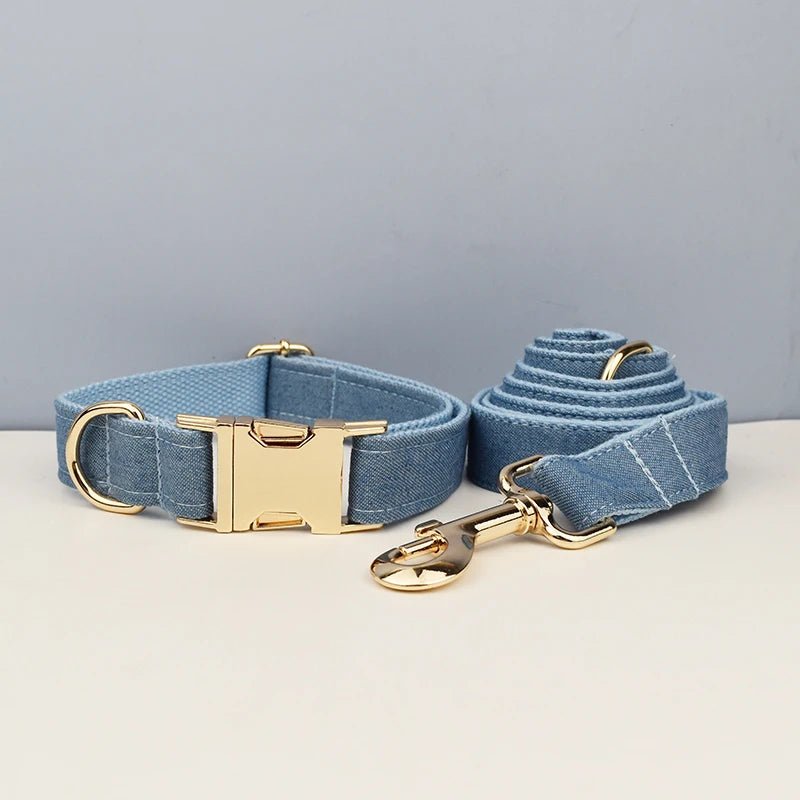 Petspuff Personalised Blue Denim Cotton Dog Collar, Harness & Lead Set – Engraved Name Tag & Bow