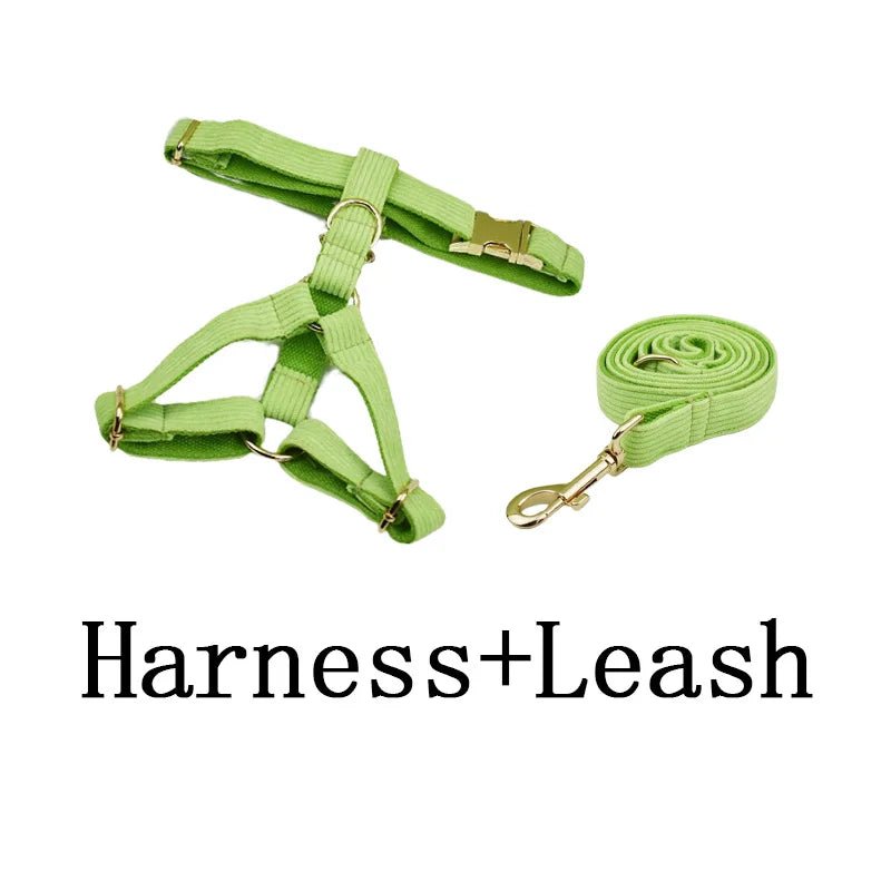 Petspuff Personalised Apple Green Corduroy Dog Collar & Lead Set – Engraved Name Tag, Bow & Harness