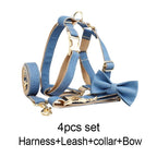 Petspuff Personalised Denim Print Dog Collar & Lead Set – Engraved Name Tag, Bow & Harness