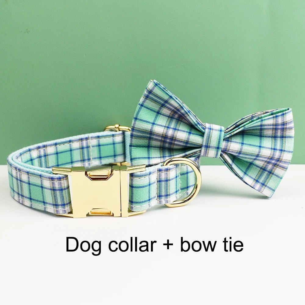 Petspuff Personalised Plaid Bow Dog Collar & Lead – Engraved Name Tag | 7 Designs, XS–XL - Petspuff
