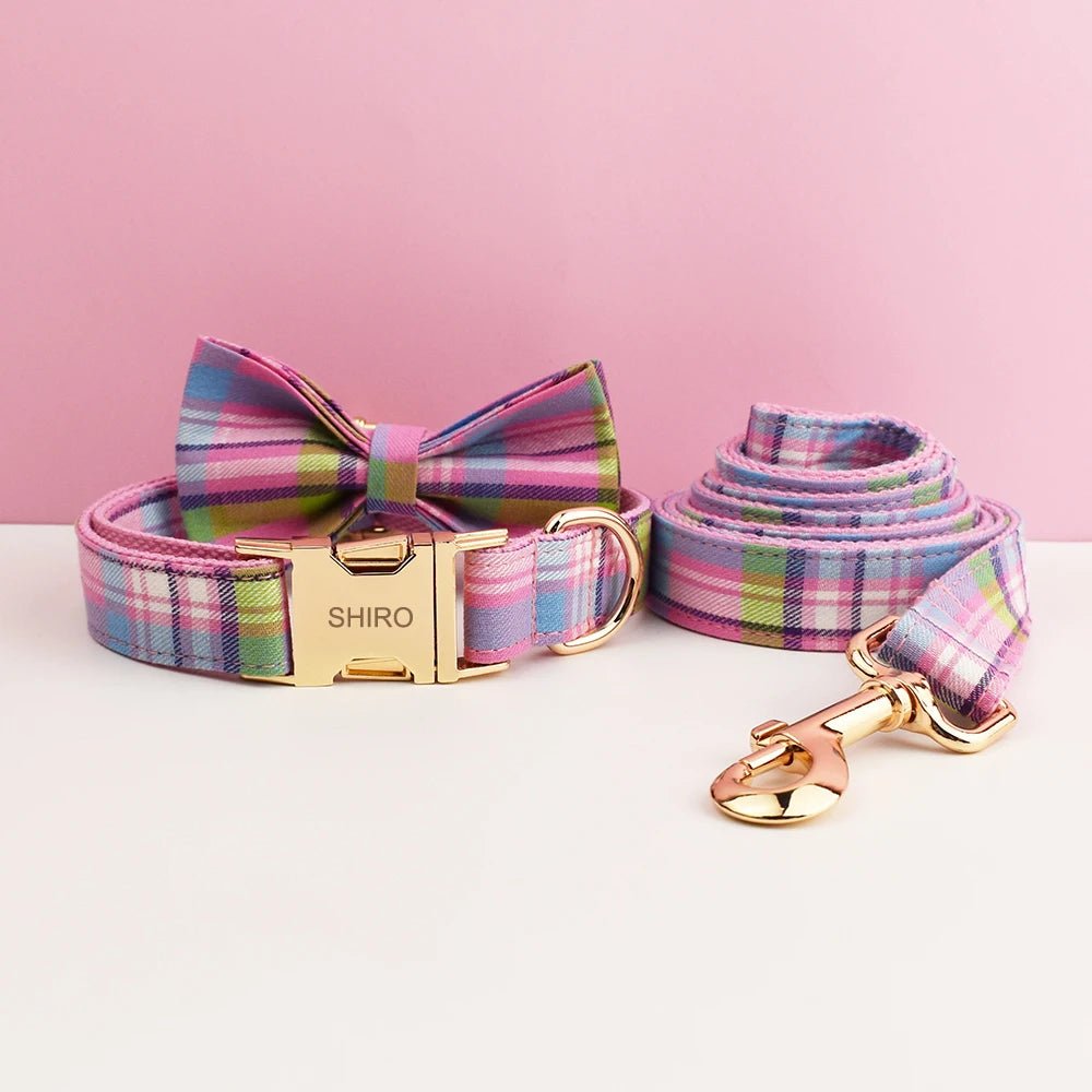 Petspuff Personalised Plaid Bow Dog Collar & Lead – Engraved Name Tag | 7 Designs, XS–XL - Petspuff