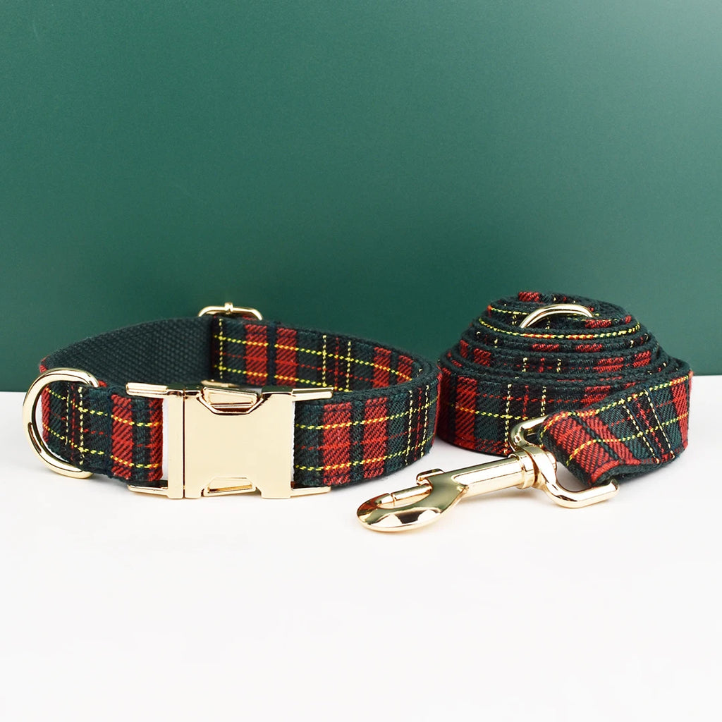 Petspuff Personalised Plaid Print Dog Collar & Lead – Engraved Name Tag | 3 Colours, S–XL