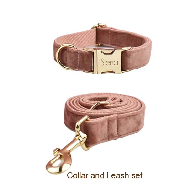 Petspuff Personalised Dusty Pink Velvet Dog Collar & Lead Set – Engraved Name Tag, Bow & Harness