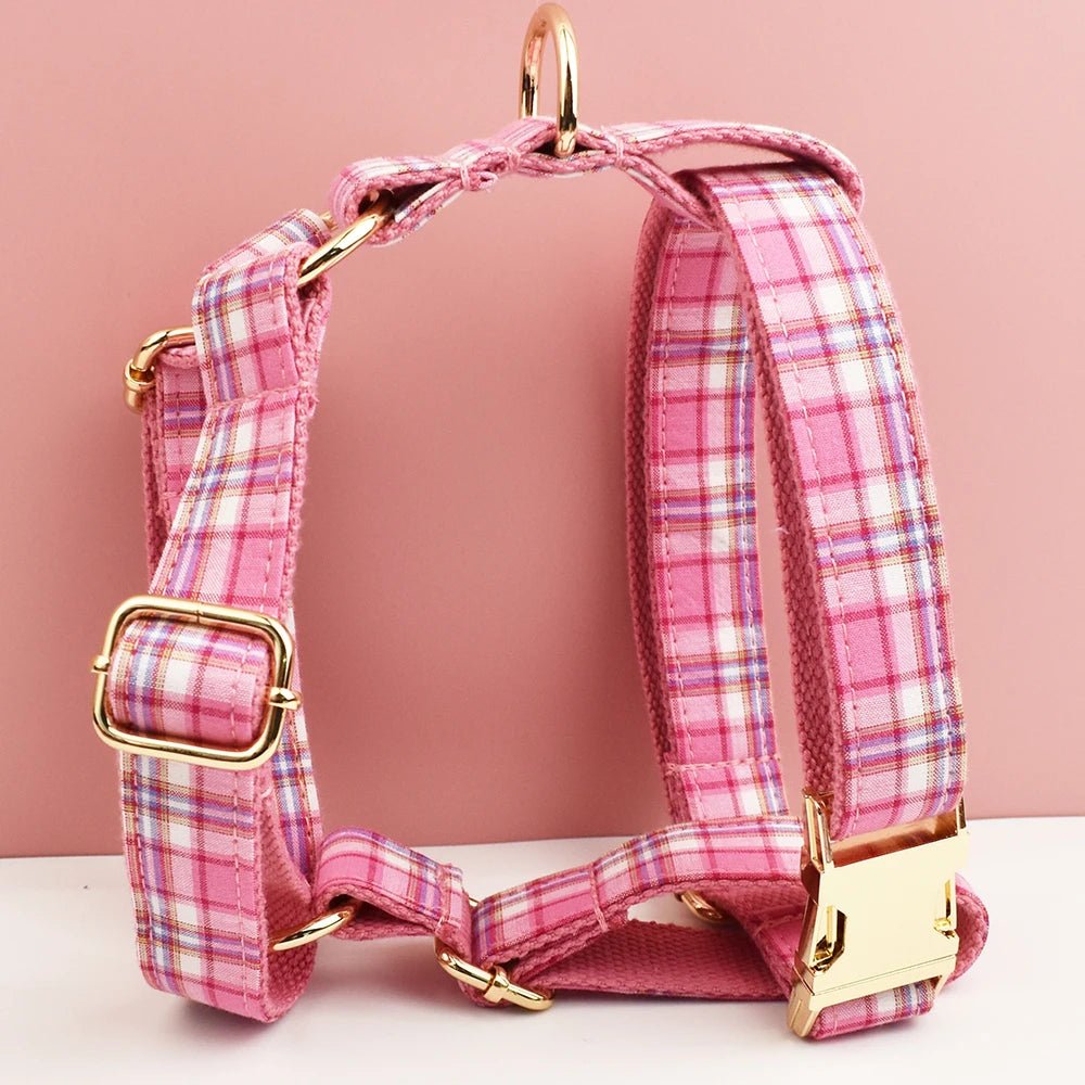 Petspuff Personalised Rose Pink Plaid Dog Collar, Harness & Lead Set – Engraved Name Tag