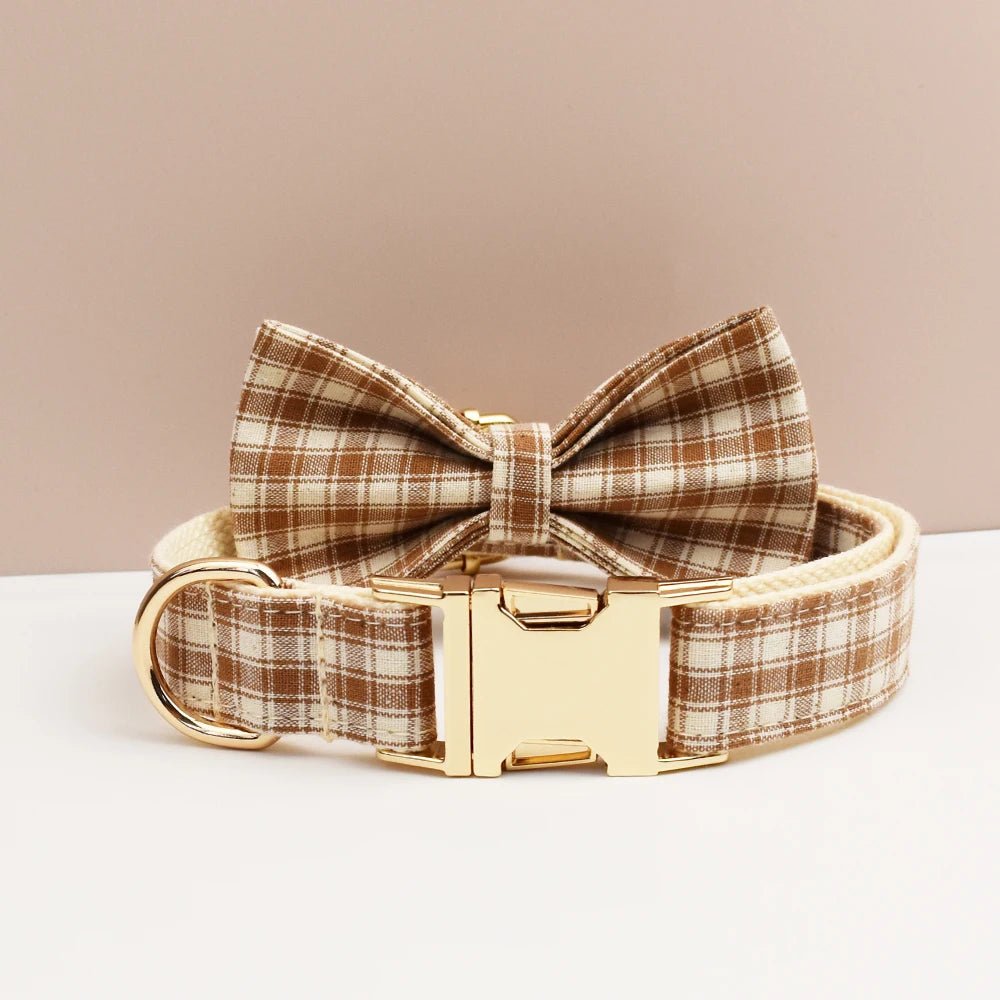 Petspuff Personalised Plaid Dog Collar, Harness & Lead Set – Engraved Nameplate & Bow | XS–XL