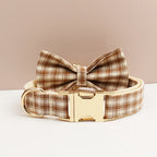Petspuff Personalised Plaid Dog Collar, Harness & Lead Set – Engraved Nameplate & Bow | XS–XL