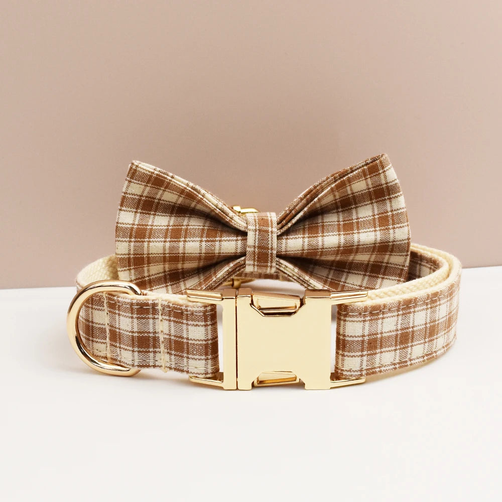 Petspuff Personalised Plaid Dog Collar, Harness & Lead Set – Engraved Nameplate & Bow | XS–XL