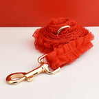 Petspuff Personalised Red Lace Wedding Dog Collar, Harness & Lead – Engraved Nameplate | 3-Piece Set