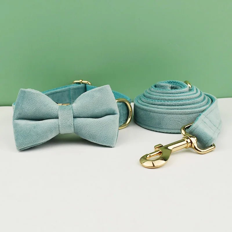 Petspuff Personalised Velvet Dog Collar with Gold Buckle, Bow Tie & Lead – Engraved Name Tag
