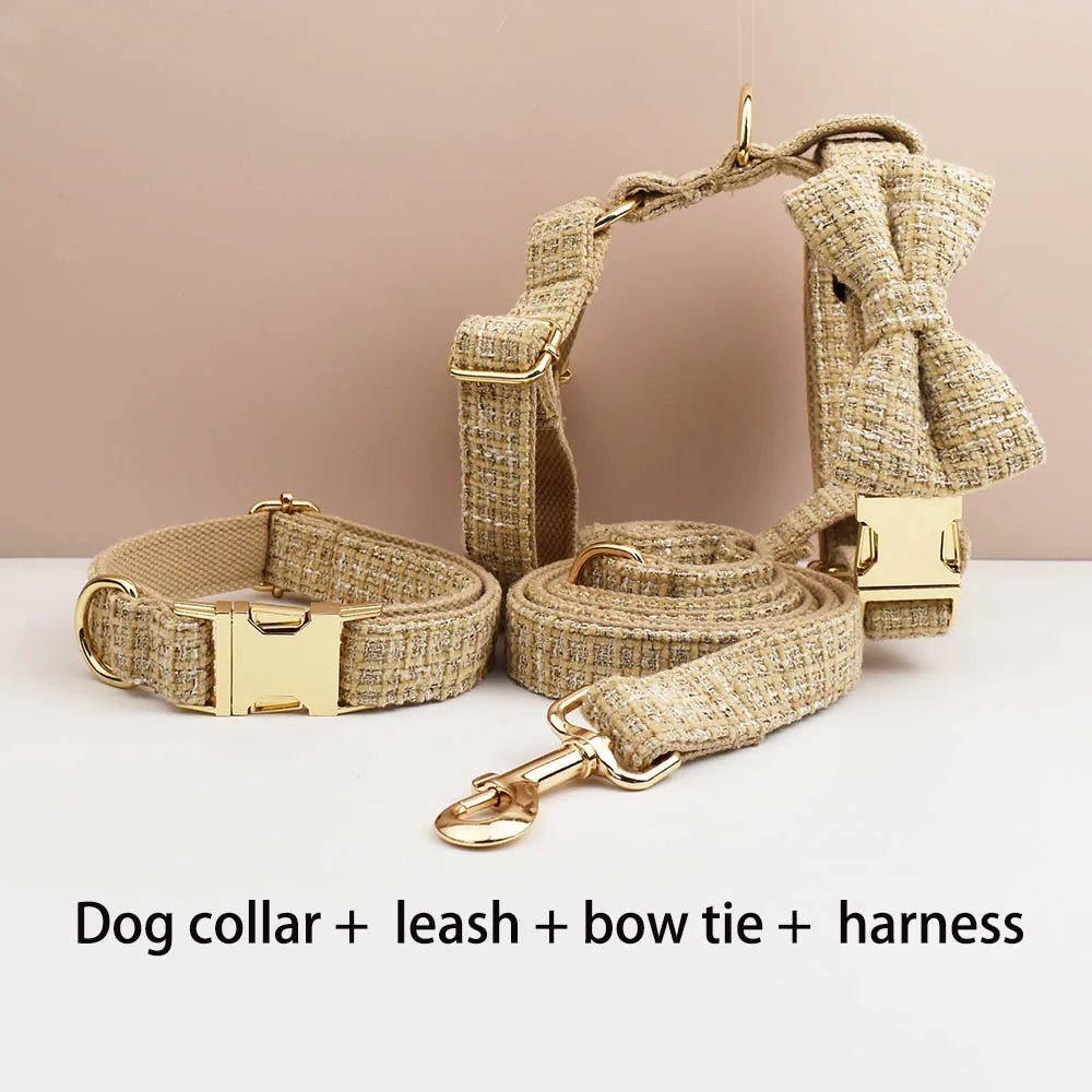 Petspuff Personalised Light Khaki Dog Collar, Harness & Lead Set – Engraved Nameplate & Bow