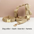 Petspuff Personalised Light Khaki Dog Collar, Harness & Lead Set – Engraved Nameplate & Bow