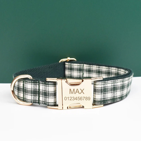 Petspuff Personalised Plaid Dog Collar, Harness & Lead Set – Engraved Name Tag & Bow | Style 30