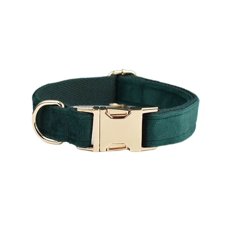 Petspuff Personalised Green Velvet Dog Collar & Lead Set – Engraved Name Tag, Bow & Harness - Petspuff