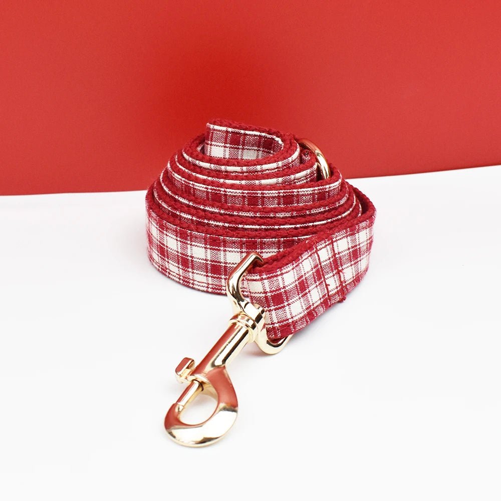 Petspuff Personalised Red Plaid Dog Collar, Harness & Lead Set – Engraved Name Tag & Bow | Style 28
