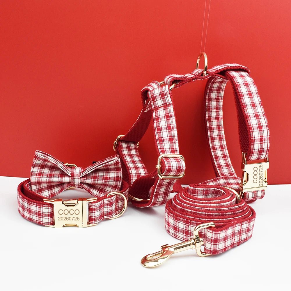 Petspuff Personalised Red Plaid Dog Collar, Harness & Lead Set – Engraved Name Tag & Bow | Style 28