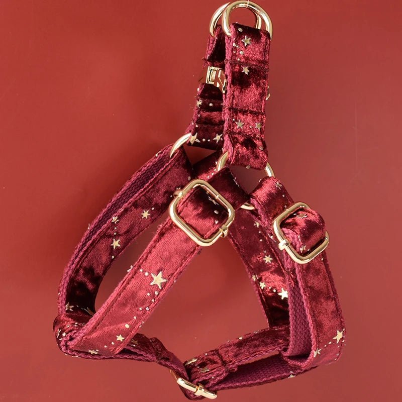 Petspuff Personalised Wine Red Velvet Dog Harness & Lead – Engraved ID Tag, Gold Hardware & Bow - Petspuff