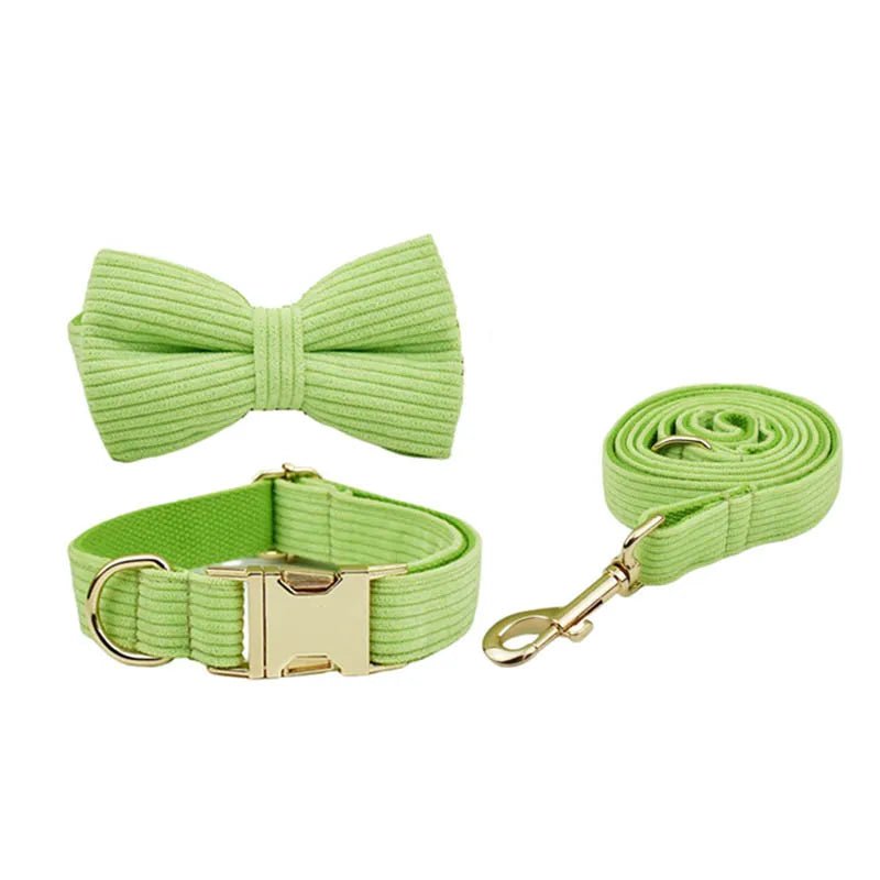 Petspuff Personalised Apple Green Corduroy Dog Collar & Lead Set – Engraved Name Tag, Bow & Harness