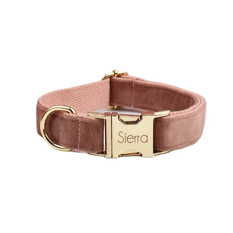 Petspuff Personalised Dusty Pink Velvet Dog Collar & Lead Set – Engraved Name Tag, Bow & Harness