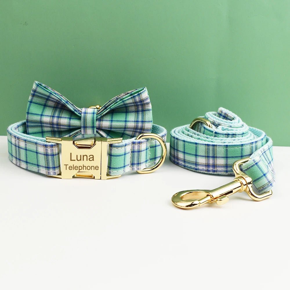Petspuff Personalised Plaid Bow Dog Collar & Lead – Engraved Name Tag | 7 Designs, XS–XL - Petspuff