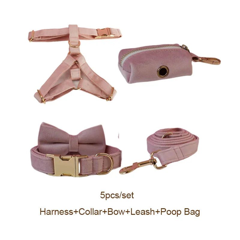 Petspuff Personalised Pale Pink Velvet Dog Collar & Lead Set – Engraved Name Tag, Bow & Harness