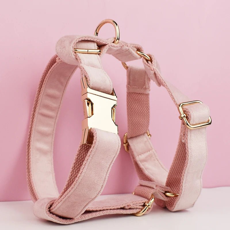 Petspuff Personalised Pale Pink Velvet Dog Collar & Lead Set – Engraved Name Tag, Bow & Harness