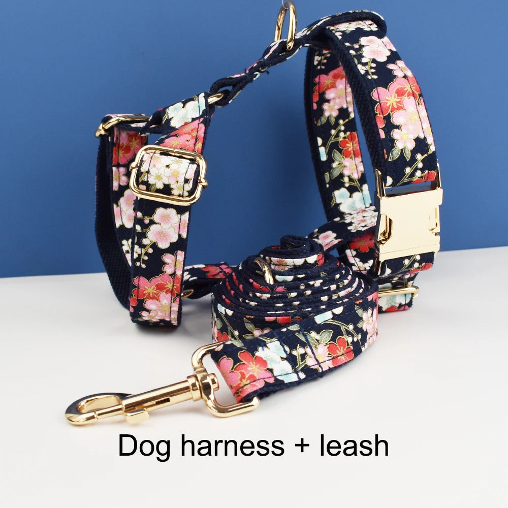 Petspuff Personalised Floral Cotton Dog Collar, Harness & Lead Set – Engraved Name Tag & Bow | Style 03