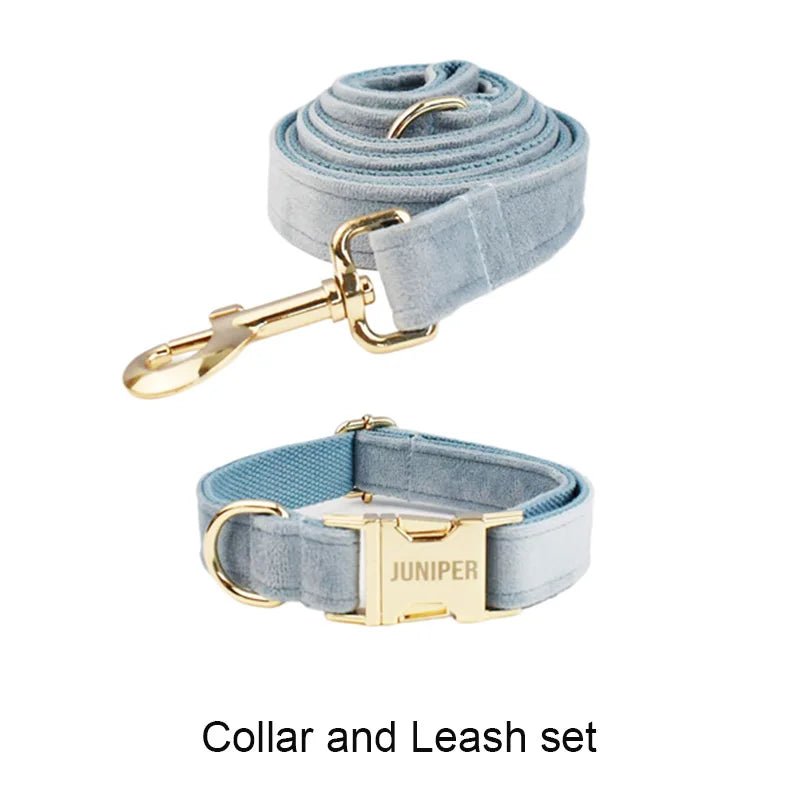Petspuff Personalised Nordic Blue Velvet Dog Collar & Lead Set – Engraved Name Tag, Bow & Harness