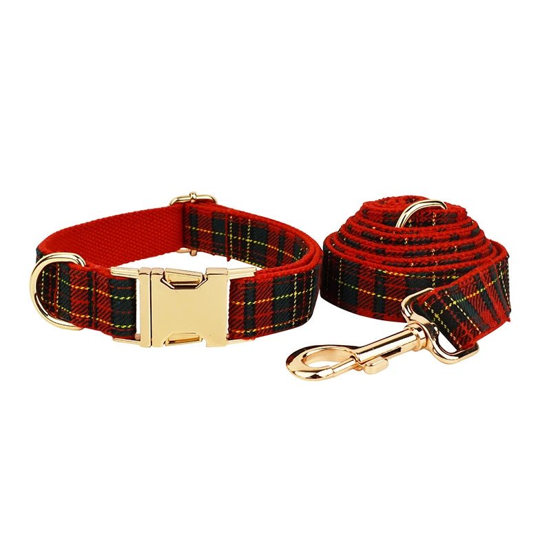 Petspuff Personalised Red Check Christmas Dog Collar & Lead Set – Engraved Name Tag & Bow