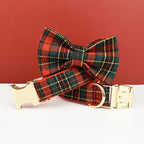 Petspuff Personalised Red Check Christmas Dog Collar & Lead Set – Engraved Name Tag & Bow