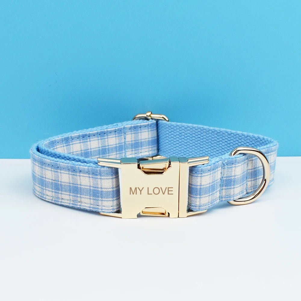 Petspuff Personalised Plaid Dog Collar, Harness & Lead Set – Engraved Name Tag & Bow | Style 29
