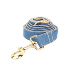 Petspuff Personalised Denim Print Dog Collar & Lead Set – Engraved Name Tag, Bow & Harness