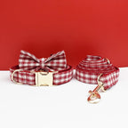 Petspuff Personalised Red Plaid Dog Collar, Harness & Lead Set – Engraved Name Tag & Bow | Style 28