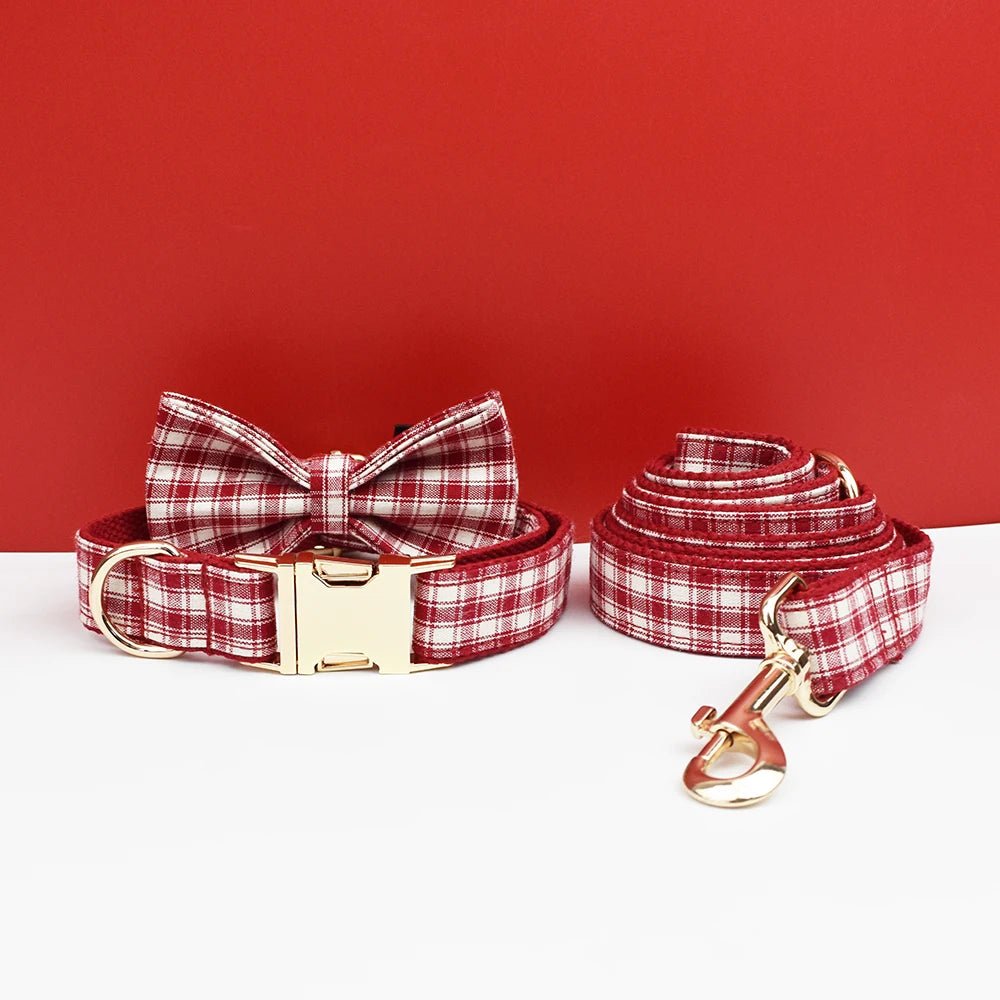 Petspuff Personalised Red Plaid Dog Collar, Harness & Lead Set – Engraved Name Tag & Bow | Style 28