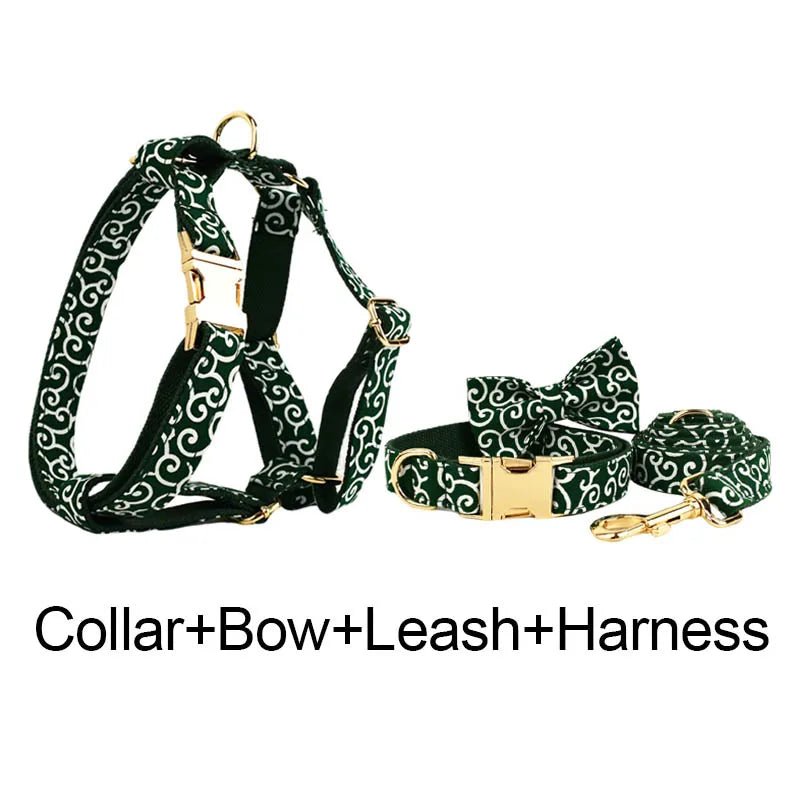 Petspuff Green Leaf Print Cotton Dog Collar, Harness & Lead Set with Bow – XS–XL