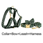 Petspuff Green Leaf Print Cotton Dog Collar, Harness & Lead Set with Bow – XS–XL