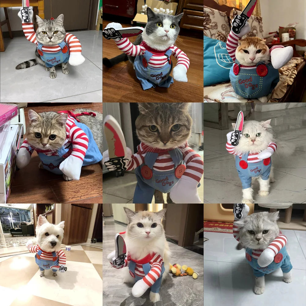 Petspuff Killer Doll Halloween Costume – Striped Dungarees with Toy Knife | Small Dogs & Cats