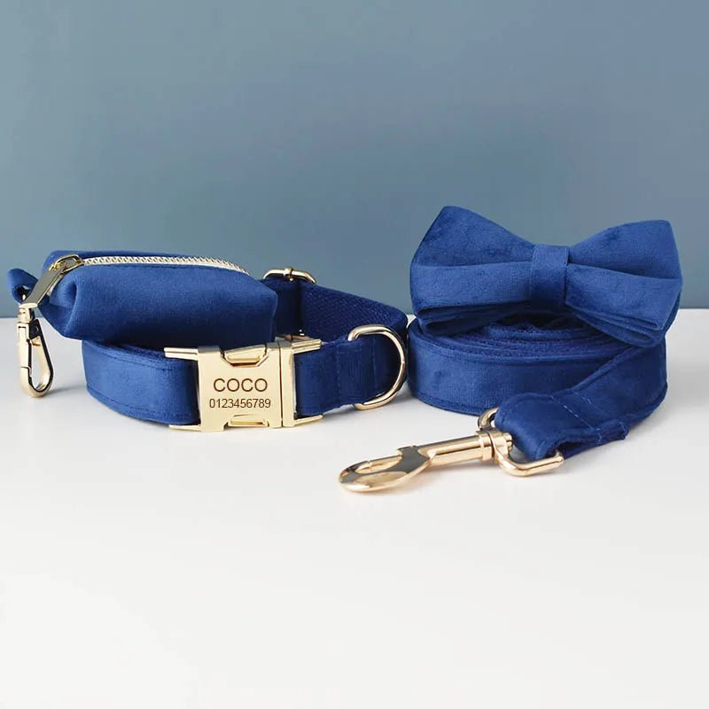 Petspuff Personalised Velvet Dog Collar, Lead & Poop Bag Holder – Engraved Name & Phone | French Bulldog