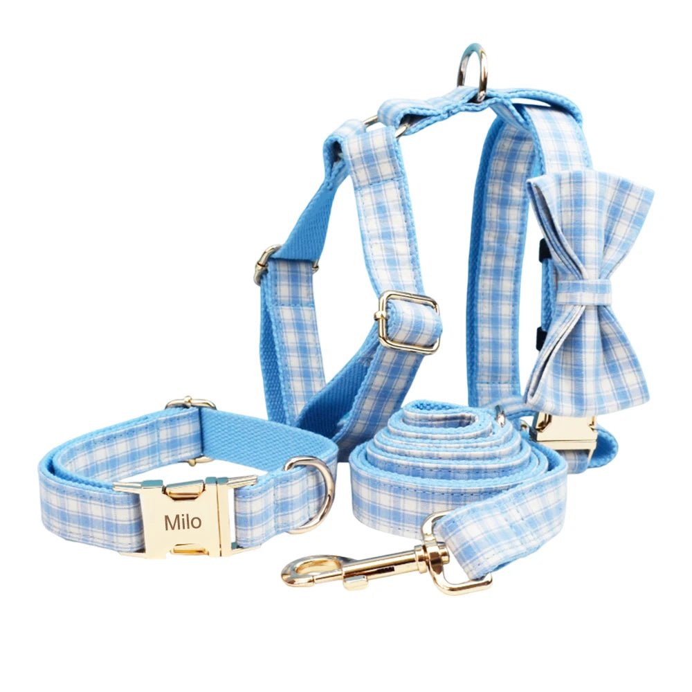 Petspuff Personalised Plaid Dog Collar, Harness & Lead Set – Engraved Name Tag & Bow | Style 29